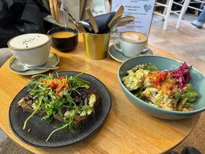 Smørrebrød with Soup and Protein Salad with Cappucino and London Vanilla Fog  at Nöje   in Brussels