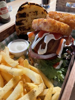 #hashtag burger with regular fries at Samphire Brasserie in Plymouth