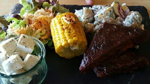 tempeh plate plus feta at Samphire Brasserie in Plymouth