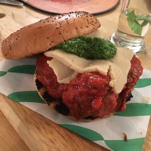 Meatball hamburger  at Samphire Brasserie in Plymouth