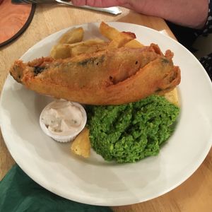 Fish and chips and smashed peas at Samphire Brasserie in Plymouth