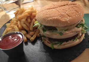 Wonderful double burger  at Samphire Brasserie in Plymouth