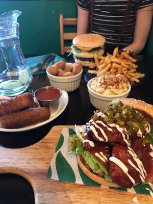 Deep South buffalo chicken burger, big moc, popcorn chicken and bacon mac and cheese at Samphire Brasserie in Plymouth