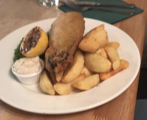 Phish and chips  at Samphire Brasserie in Plymouth