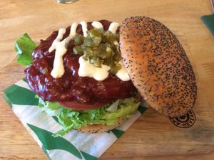 Vegan Buffalo Sauce Burger (my favourite  at Samphire Brasserie in Plymouth