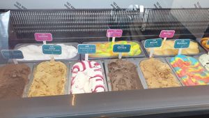 Back 3 pink labels are vegan. Lemon sorbet, mango sorbet and rainbow sorbet. at Sideshow Burgers in Kyneton