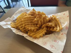 The waffle fries are good  at Sideshow Burgers in Kyneton