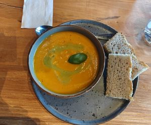 Carrot and tomato soup with focaccia 5/5  at Alekärr Ekologiska Gård AB in Axvall