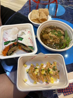 Katsu wrap, cheesy corn dumplings and pork noodles  at V Street - Emsphere in Bangkok