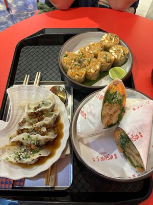 Pattaya pad thai rolls (top), mixed veg dumplings (left) and katsu wrap (right)  at V Street - Emsphere in Bangkok