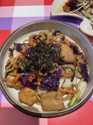 Yaki soba with fake chicken & fish pieces  at V Street - Emsphere in Bangkok