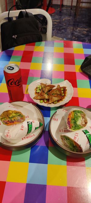 Chicken wraps and edamame dumplings at V Street - Emsphere in Bangkok