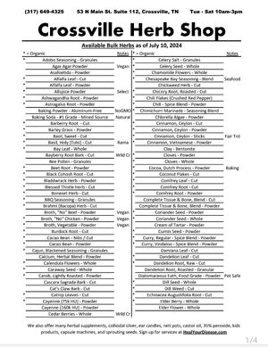 Bulk herb list page 1 at Crossville Herb Shop in Crossville