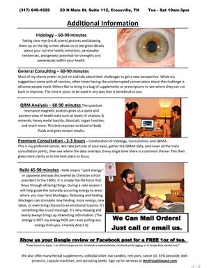 Herb list back page (services) at Crossville Herb Shop in Crossville