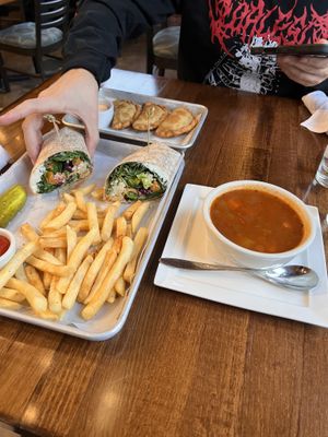 mushroom empanadas (asked for vegan spicy mayo instead of the aioli), harvest wrap, and soup (may want to double check as it seems the ingredients change depending on the day)  at Fire by Forge in Hartford
