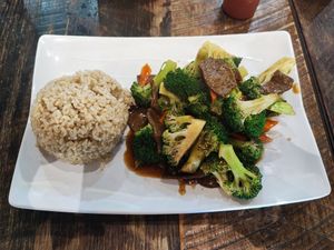 "Beef" and broccoli at Vegan District Asian Eatery in Anaheim