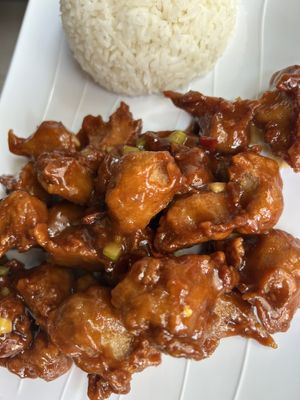 Orange Chicken. Buy it    at Vegan District Asian Eatery in Anaheim