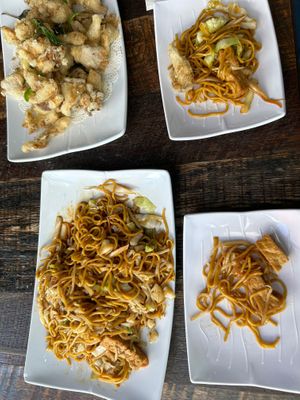 tofu chow mein & oyster mushrooms at Vegan District Asian Eatery in Anaheim