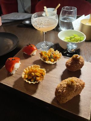 Capsicum nigiri, pumpkin tartlet thingy, kare pan  at Boom Boom Room in Brisbane