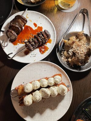Mushroom skewers, roast artichokes, crispy potato skewers (fancy potato tornado haha)  at Boom Boom Room in Brisbane