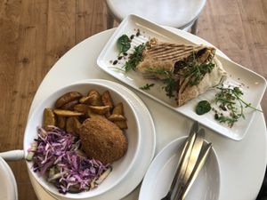 The chicken Kiev and very nice beyond meat wrap !  at VeGaNuTi in Yeovil