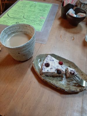 Lovely little tofu cheesecake (the crust was yummy) with soy milk latte at Bon On Shya International Cafe in Koya