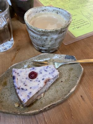 Soy latte and vegan cheesecake   at Bon On Shya International Cafe in Koya