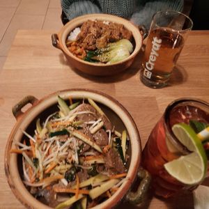 Vegan pot (far), Golden beef 😋😋 (close) at Gaia Garden in Gottingen