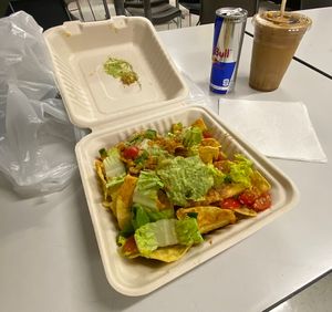 Vegan nachos and lavender coconut milk latte   at Rawfully Delicious in Fort Myers