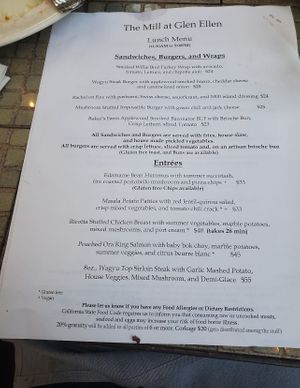 Menu  at The Mill at Glen Ellen in Sonoma