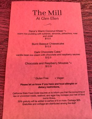 Menu  at The Mill at Glen Ellen in Sonoma