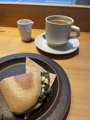Vegan panini and coffee with oat-milk  at roestbar am Ring in Muenster
