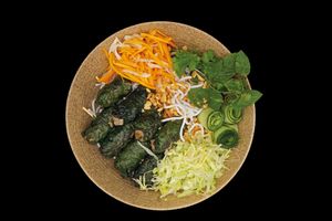 11. Bún Lá Lốt Chay/ Bún Nem Chay
mit gegrilltem Seitan oder veganen Fruehlingsrollen
Reisnudeln | Salat | Karotten | Gurke | frische Kaeutern |  at Goc Da - Authentic Vietnamese Cuisine in Wiesbaden