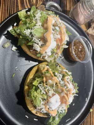 Sopes de chicharrón en salsa verde y rajas con crema  at Ùumbal by Health Buddy in Chula Vista