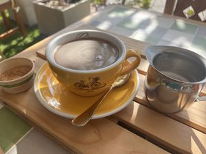 Chemex filtered coffee with almond milk  at Clover Coffee + MarketPlace in Oranjestad