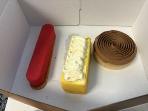 Raspberry, passion fruit , and salted caramel desserts   at GingerSnap Patisserie in West Melbourne