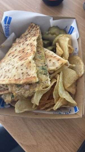 Pop up Tues to Thursday in August. Chickpea toastie on flatbread. Great flavour  at GingerSnap Patisserie in West Melbourne