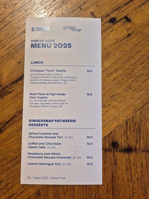 Popup menu August 2025 at GingerSnap Patisserie in West Melbourne