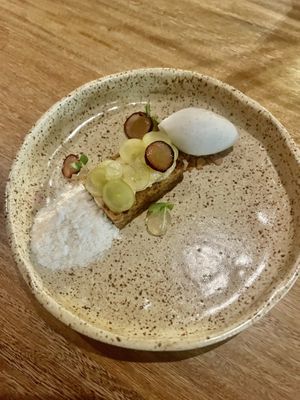 First dessert- banana cake with coconut ice cream and crystallized sugar  at Infini in Noord