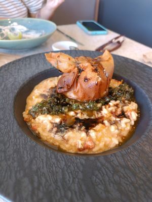 Arborio risotto with chopped sun-dried tomatoes, finished with crispy yam burrata and balsamic reduction at Kantina Prestes in Natal