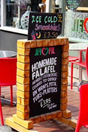 Bright board outside of Fil Fil in Brighton at FilFil in Brighton