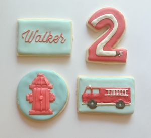 Custom vegan cookies from a fire-truck themed 2-year-old birthday cookie order at Calloway Cookie Co in Shaker Heights
