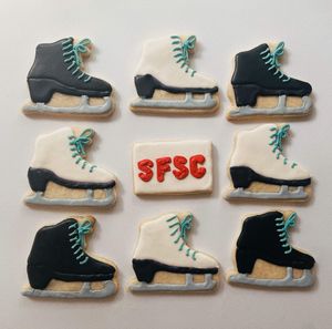 Custom vegan cookies of decorated figure skates from a cookie order at Calloway Cookie Co in Shaker Heights