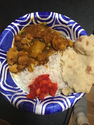 Vegetable Vindaloo, Basmati Rice,  Onion Chutney and khasta roti.  (Warning:  the Vegetable Vindaloo has paneer, which is dairy.) at Curry House in Wake Forest