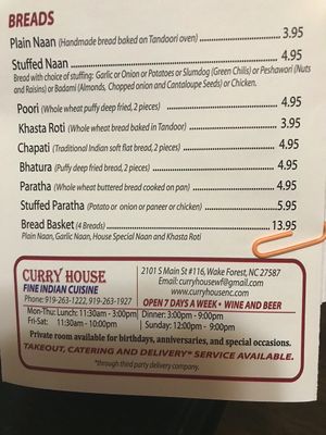 Curry House menu at Curry House in Wake Forest