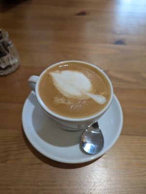 White coffee with oat milk at Wild Wee Pancakes in Inverness