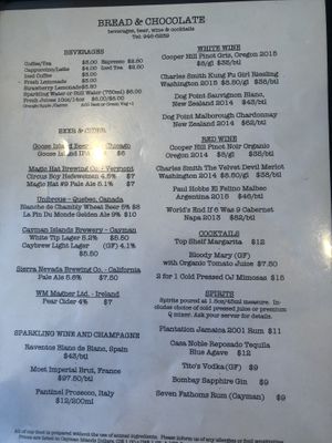 Beverage menu at Bread and Chocolate Vegan Bistro in George Town