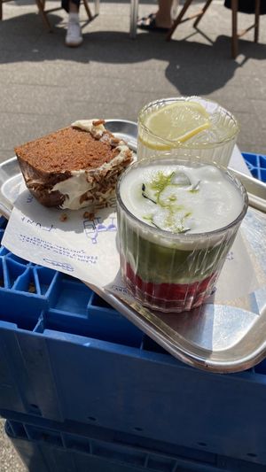 Carrot cake, iced matcha, iced tea  at Bakkerij FUNK in Antwerpen