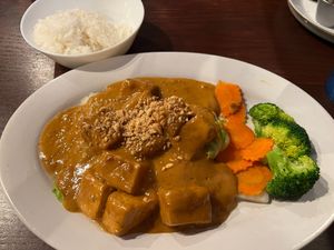 Amazing Praram with Tofu- Thick sauce, ground peanut, coconut milk, curry paste, served on a bed of steamed mixed vegetables at Ayuttaya Thai Cuisine in Ocala