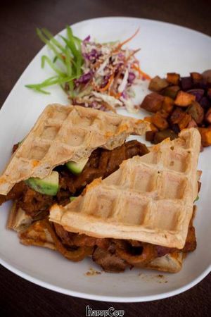 Pulled Seitan Waffle Sandwich with Bourbon-Pepper BBQ Sauce at Graze in Vancouver